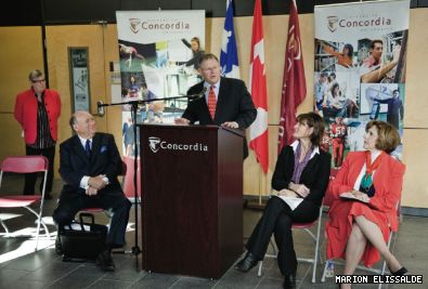 Vice-President Research and Graduate Studies Louise Dandurand (left) looks on during the Oct. 14 announcement of $69 million for Concordia from the Knowledge Infrastructure Program. In the foreground (from left) Senator W. David Angus, Jacques Chagnon, MNA for Westmount-St.-Louis, Kathleen Weil, Minister of Justice of Quebec and President Judith Woodsworth.